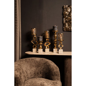 Candlestick – Gold-colored Cast Aluminum, Travertine Base, Slim Shape, S – Malines | PTMD