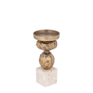 Candlestick – Gold-colored Cast Aluminum, Travertine Base, Slim Shape, S – Malines | PTMD
