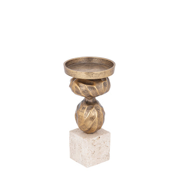Kerzenständer – Goldfarbenes Aluminiumguss, Travertinsockel, Schlanke Form, S – Malines | PTMD