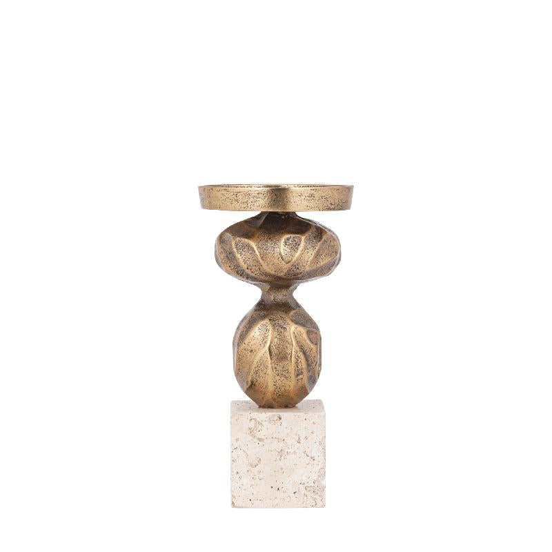 Candlestick – Gold-colored Cast Aluminum, Travertine Base, Slim Shape, S – Malines | PTMD