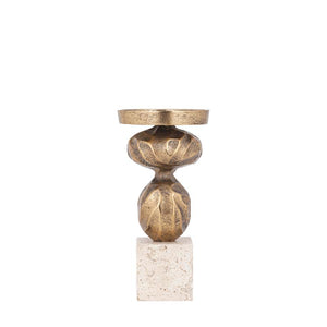 Candlestick – Gold-colored Cast Aluminum, Travertine Base, Slim Shape, S – Malines | PTMD