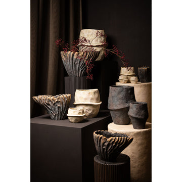 Vase - Gray Color, Wave Design, Cement Material, S - Vakas | PTMD