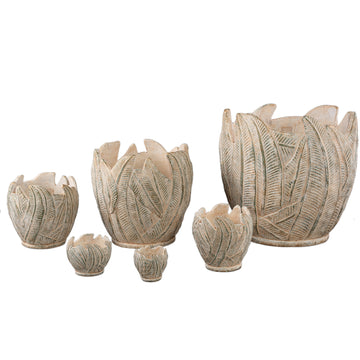 Blumentopf - Runder Zement, Blattmuster, Cremefarbe, XL – Noami | PTMD