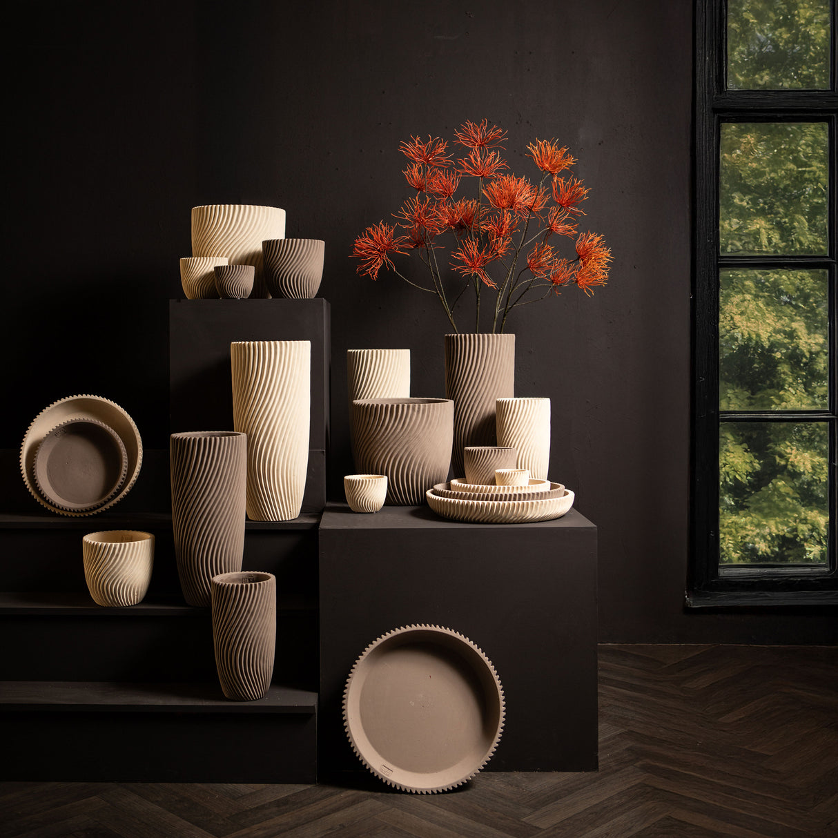 Decorative Bowl - Round Shape, Line Pattern Design, Cream Finish, Cement Material, S - Lianna | PTMD