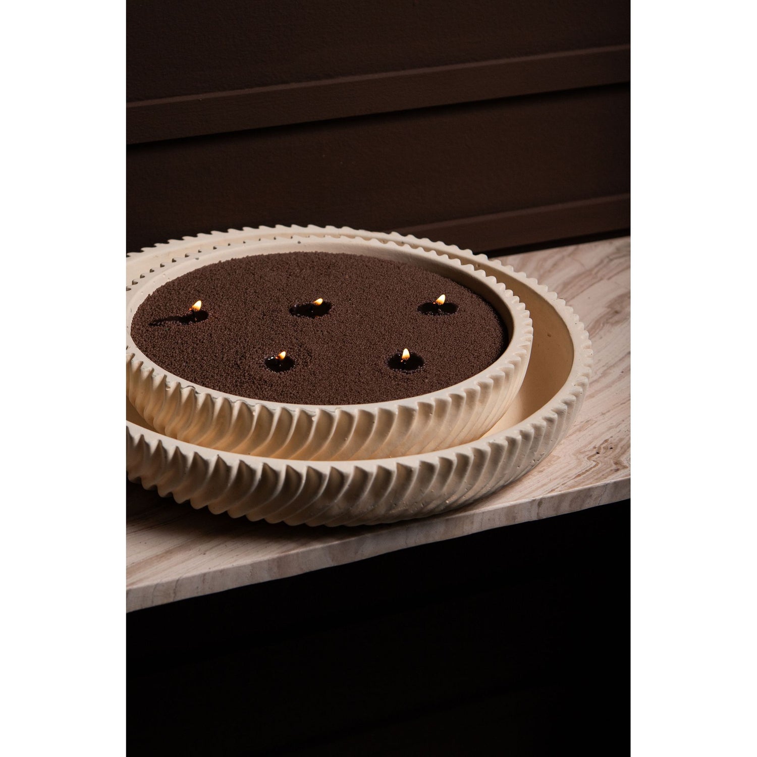 Decorative Bowl – Round Shape, Line Pattern Design, Cream Finish, Cement Material, M – Lianna | PTMD