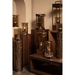 Windlicht – Braun Goldfarbenes Eisengestell, Bernstein Lüster Glas, Bodendesign, S – Rezy | PTMD
