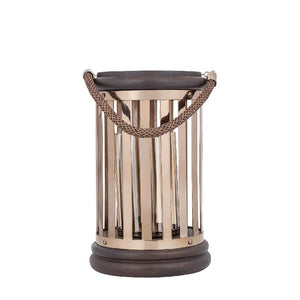 Lantern - Brown Gold-colored Mango Wood, Stainless Steel Frame, Glass Inserts, L - Sjorsh | PTMD