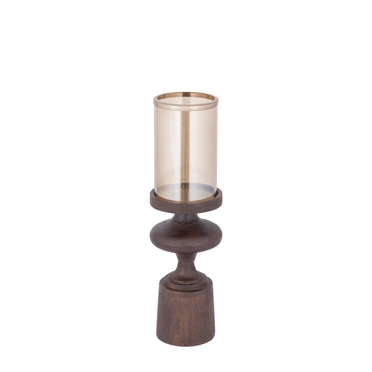 Candle Holder - Mango Wood Base, Glass Cylinder, Brown Color Scheme, S - Wertin | PTMD