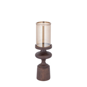 Candle Holder - Mango Wood Base, Glass Cylinder, Brown Color Scheme, S - Wertin | PTMD