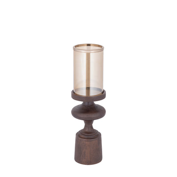 Candle Holder - Mango Wood Base, Glass Cylinder, Brown Color Scheme, S - Wertin | PTMD