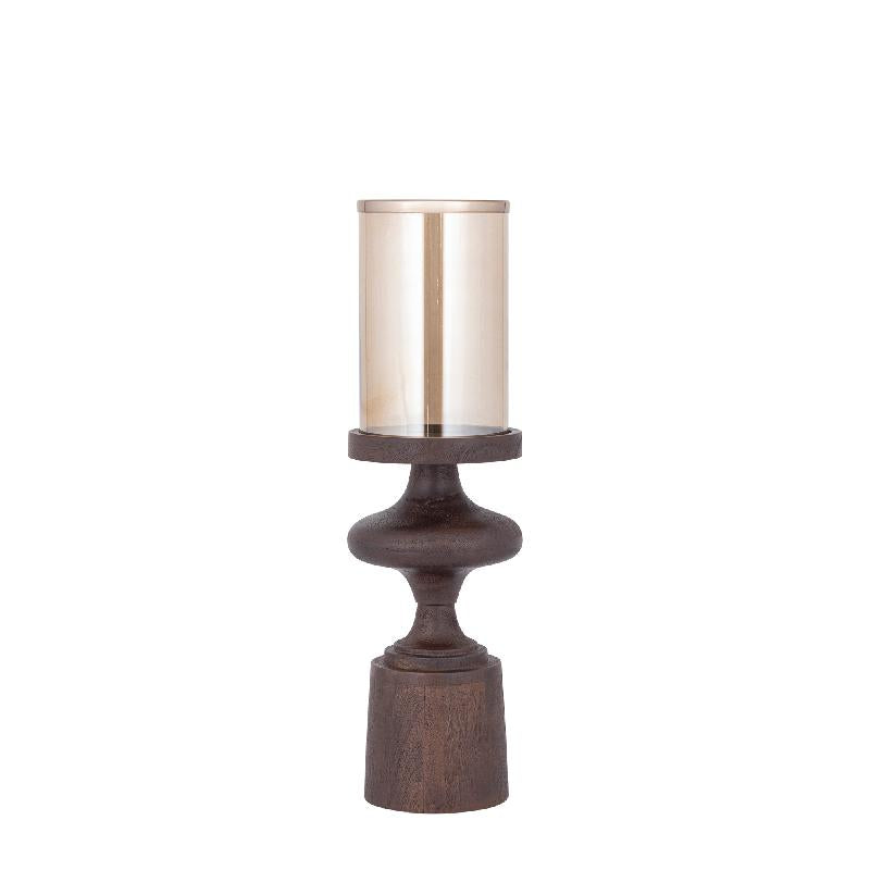 Candle Holder - Mango Wood Base, Glass Cylinder, Brown Color Scheme, S - Wertin | PTMD