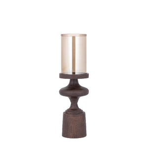Candle Holder - Mango Wood Base, Glass Cylinder, Brown Color Scheme, S - Wertin | PTMD