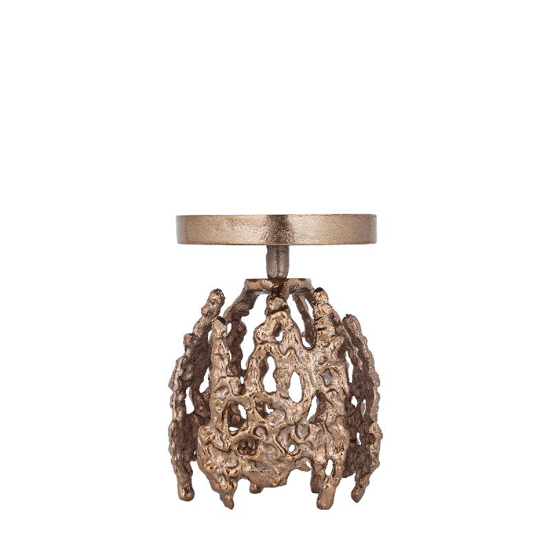 Candle Holder - Brown Gold-colored Aluminum, Rough Texture, Round Shape, S - Barrie | PTMD