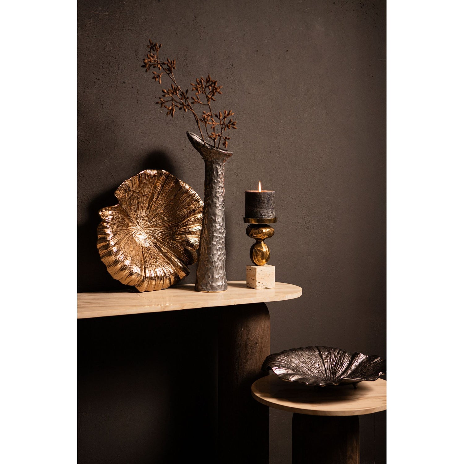 Bowl - aluminum, leaf design, wave structure, oval, brown-gold finish, handmade – Losh | PTMD