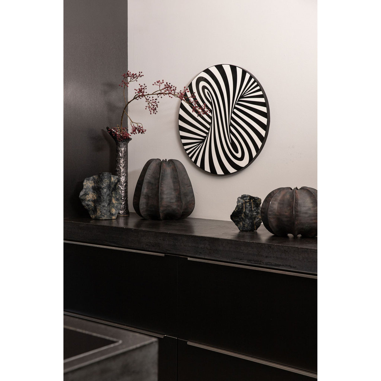 Wandpaneel – Rundes Design, Wirbel Muster, Schwarz Weißer Farbton, S – Hallie | PTMD
