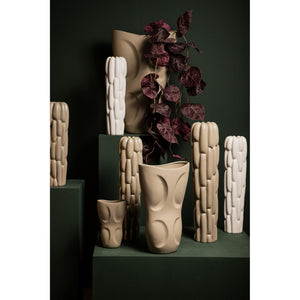 Vase - Stoneware Ceramic, Round Design, White Color, Block Pattern, S - Seanis | PTMD