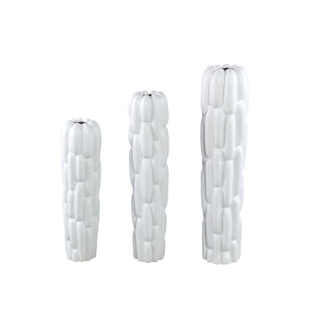 Vase – Stoneware Ceramic, Round Design, White Color, Block Pattern, L – Seanis | PTMD