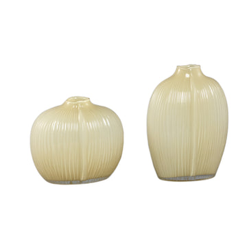 Vase – Cream Glass, Oval Shape, Ribbed Surface, Low – Jalisia | PTMD