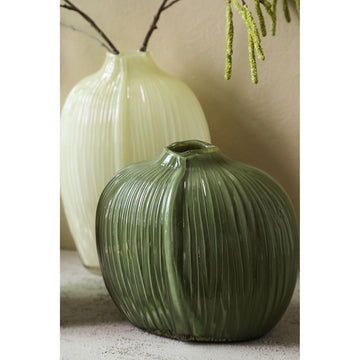 Vase – Cream Glass, Oval Shape, Ribbed Surface, Low – Jalisia | PTMD