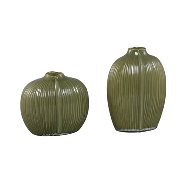 Vase – Olive Glass, Oval Shape, Ribbed Surface, Tall – Jalisia | PTMD