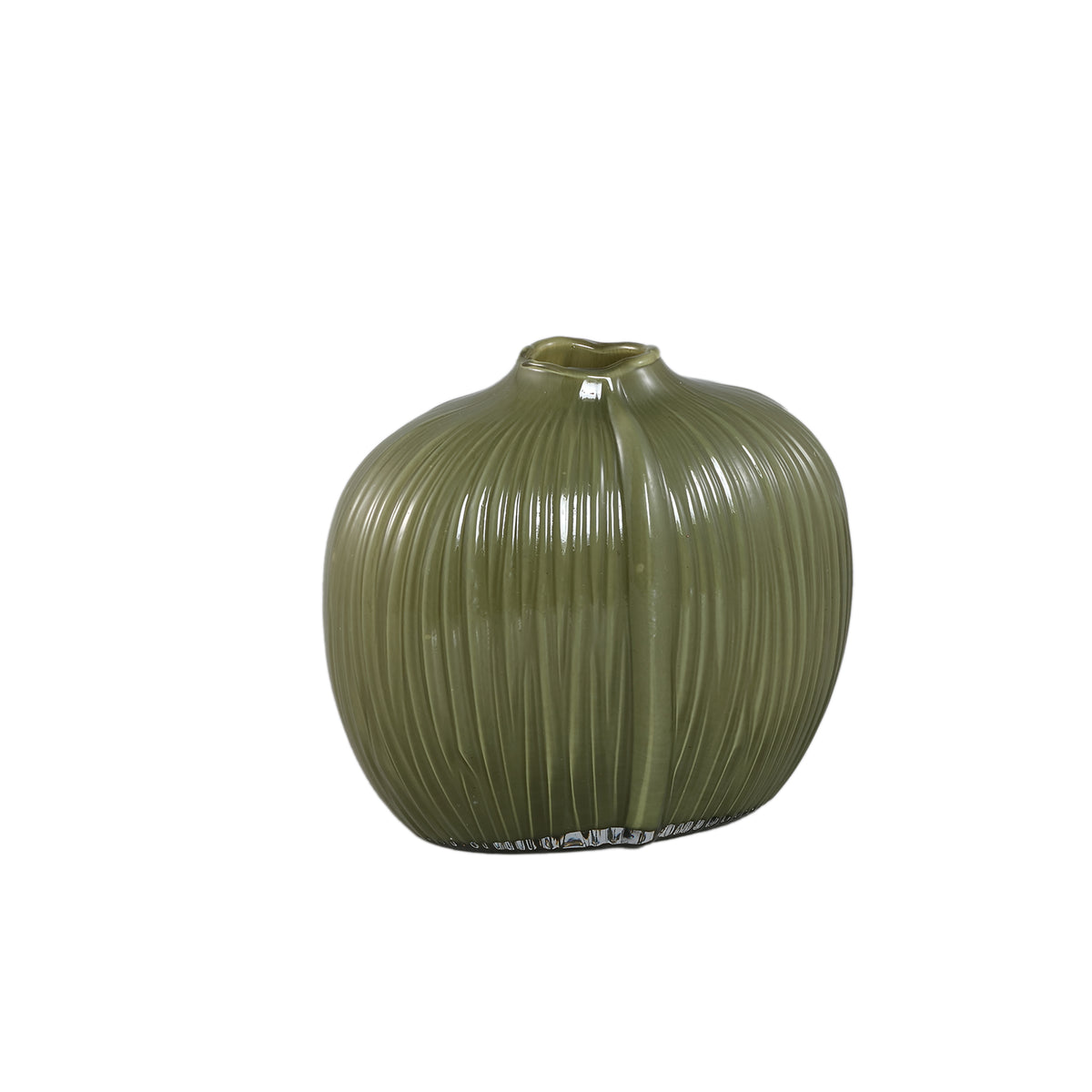 Vase – Olive Glass, Oval Shape, Ribbed Surface, Low – Jalisia | PTMD