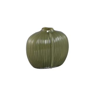 Vase – Olive Glass, Oval Shape, Ribbed Surface, Low – Jalisia | PTMD