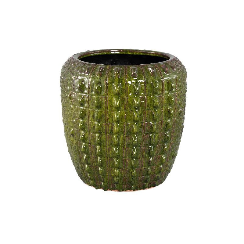 Flowerpot – Dark Green Surface, Round Shape, Crocodile Pattern, Ceramic Material, L – Crocco | PTMD