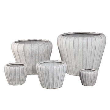 Pot – White color, Vertical ribbed structure, Round shape, Stoneware ceramic, M – Mirei | PTMD