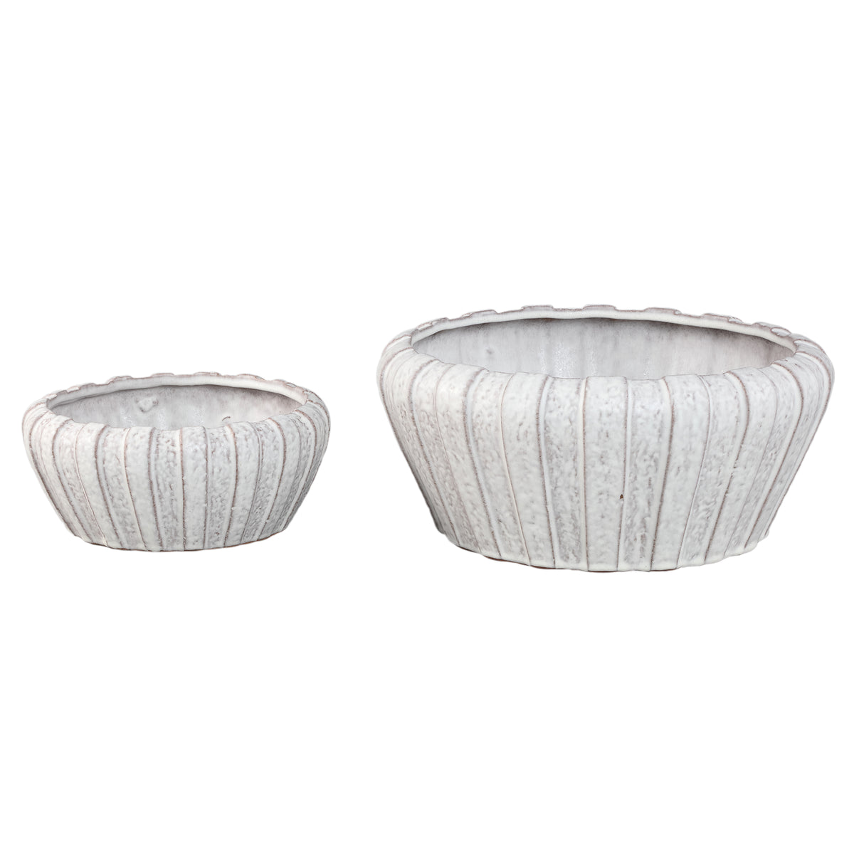 Flower Pot – White Color, Vertical Ribbed Structure, Round Shape, Stoneware, S – Mirei | PTMD