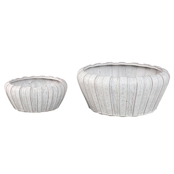 Flower Pot – White Color, Vertical Ribbed Structure, Round Shape, Stoneware, S – Mirei | PTMD