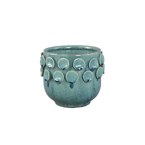 Pot – Turquoise color, Round shape, Dotted pattern on rim, Stoneware, XS – Trelin | PTMD