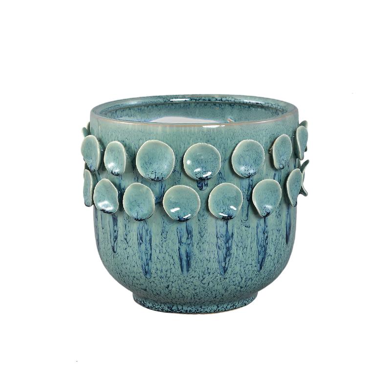 Pot – Turquoise color, Round shape, Dotted pattern on the rim, Stoneware ceramic, M – Trelin | PTMD