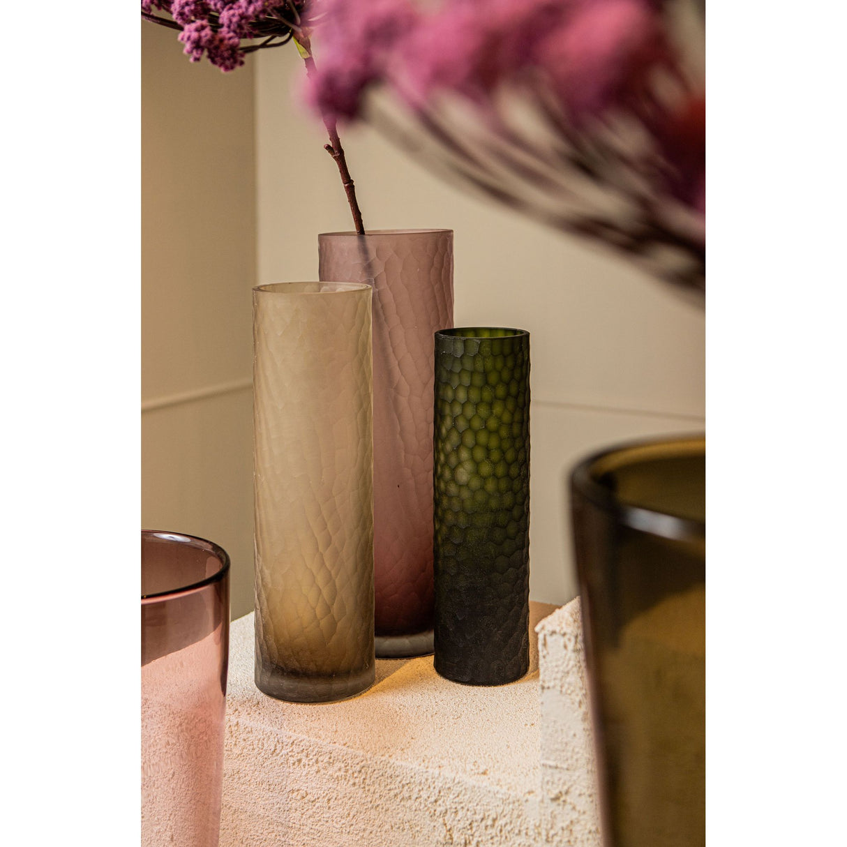 Vase - Moss Green Glass, Faceted Surface, Straight Shape, L - Paulene | PTMD