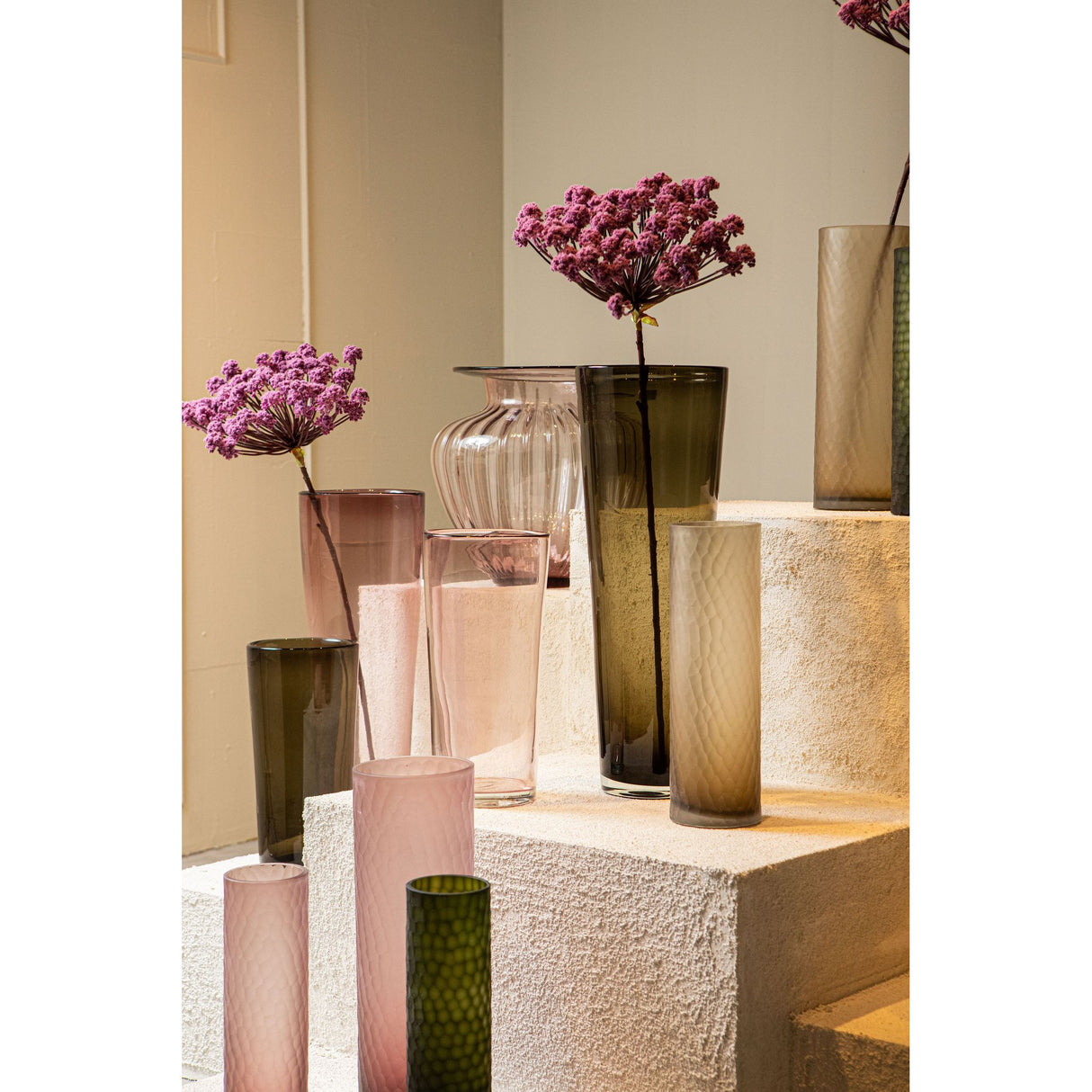 Vase - Moss Green Glass, Faceted Surface, Straight Shape, L - Paulene | PTMD
