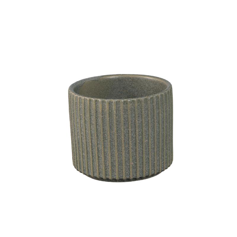 Flowerpot – Ribbed Structure, Matte Finish, Round Shape, Dark Green Ceramic, S – Renaud | PTMD