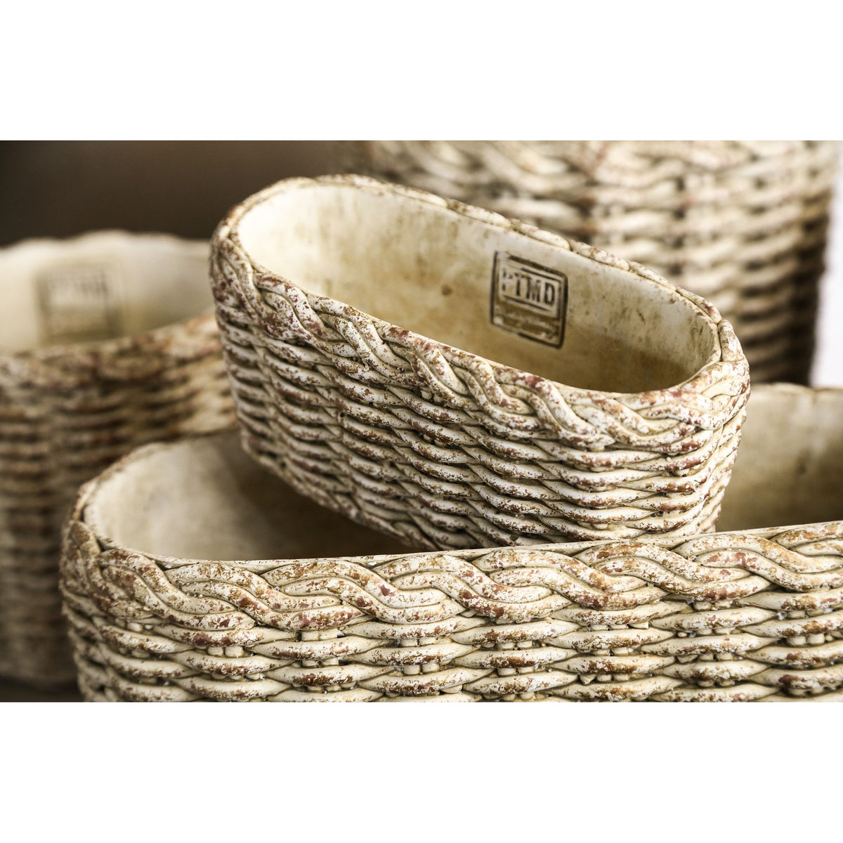 Topf – Ovale Form, Zementmaterial, Korbmuster, Niedrig, L - Ranel | PTMD