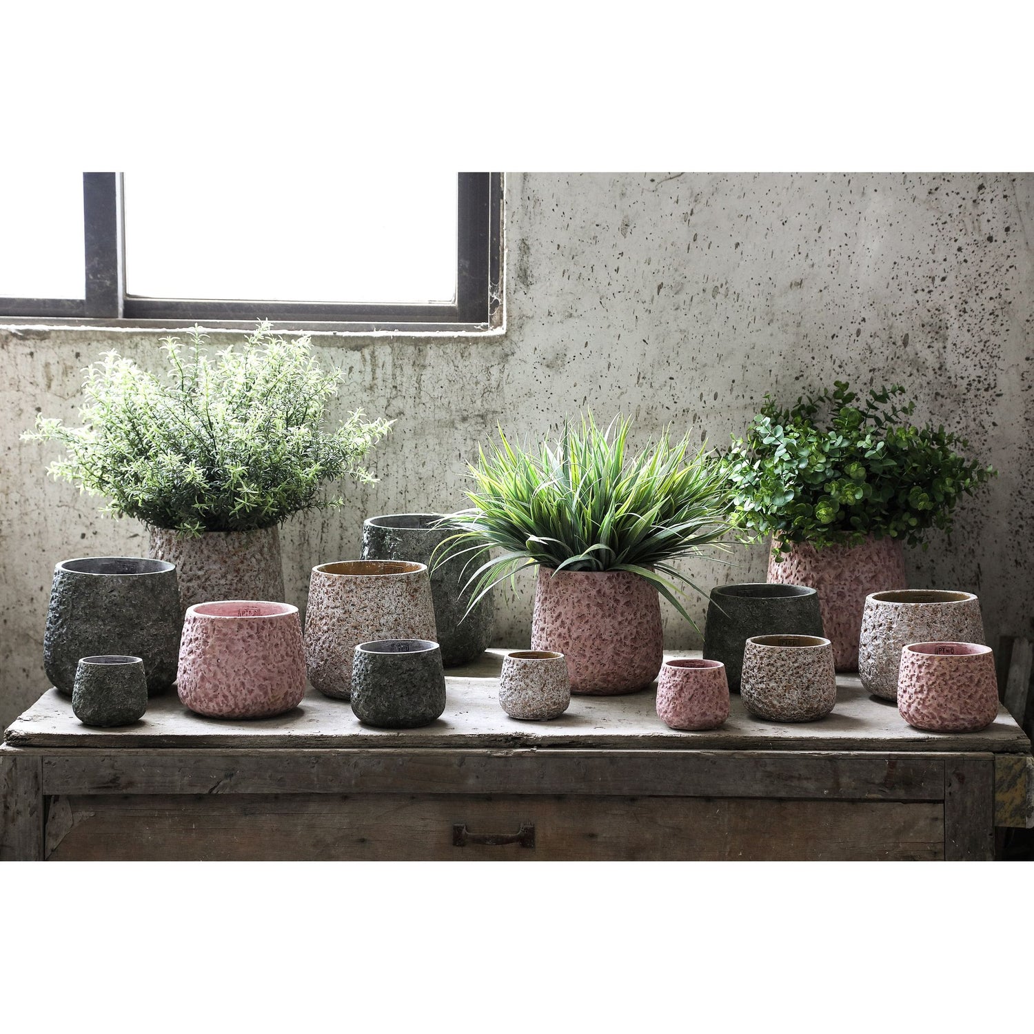 Flower pot - Round cement, Rough patterned surface, Pink, M – Ziven | PTMD