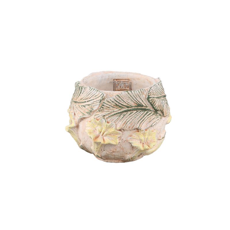 Flower Pot – Round Shape, Cement Material, Flower Pattern, Yellow Surface, S – Casy | PTMD