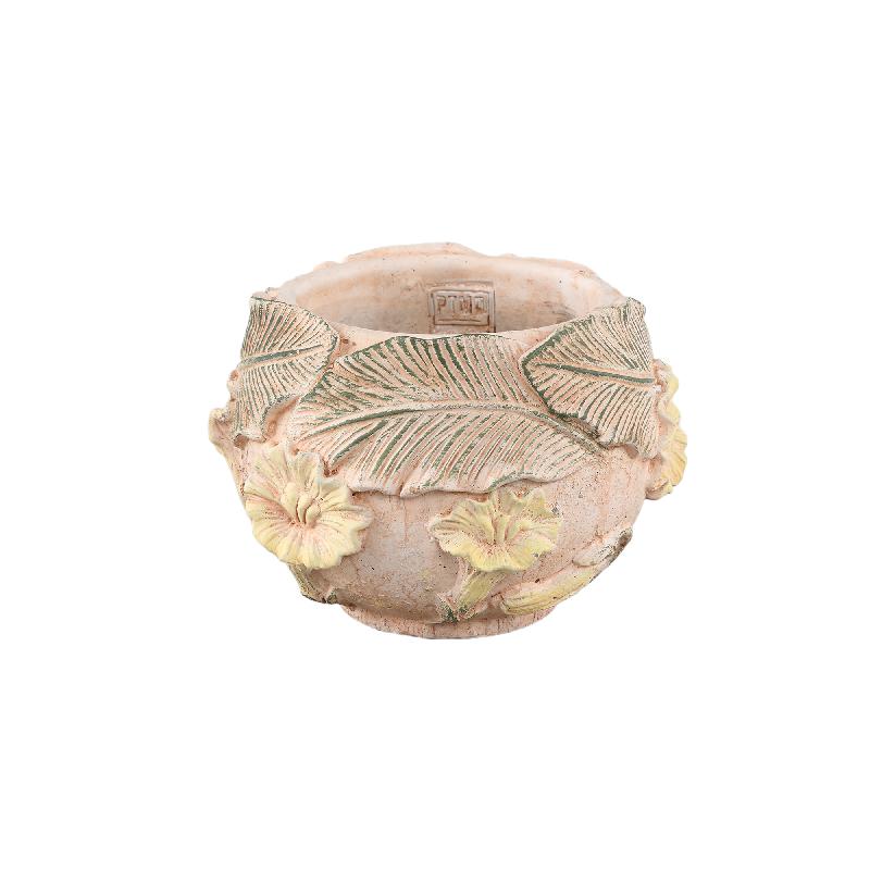 Blumentopf – Runde Form, Zement Material, Blumen Muster, Gelbe Oberfläche, M – Casy | PTMD