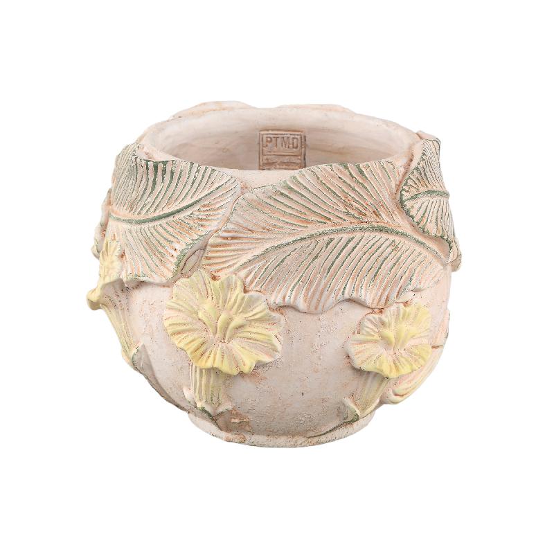 Blumentopf – Runde Form, Zement Material, Blumen Muster, Gelbe Oberfläche, L – Casy | PTMD
