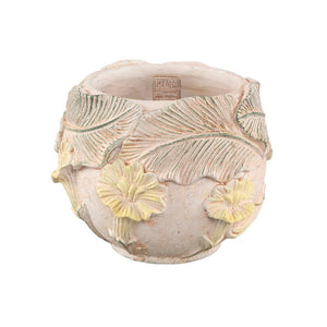 Blumentopf – Runde Form, Zement Material, Blumen Muster, Gelbe Oberfläche, L – Casy | PTMD