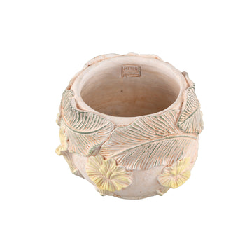 Blumentopf – Runde Form, Zement Material, Blumen Muster, Gelbe Oberfläche, S – Casy | PTMD