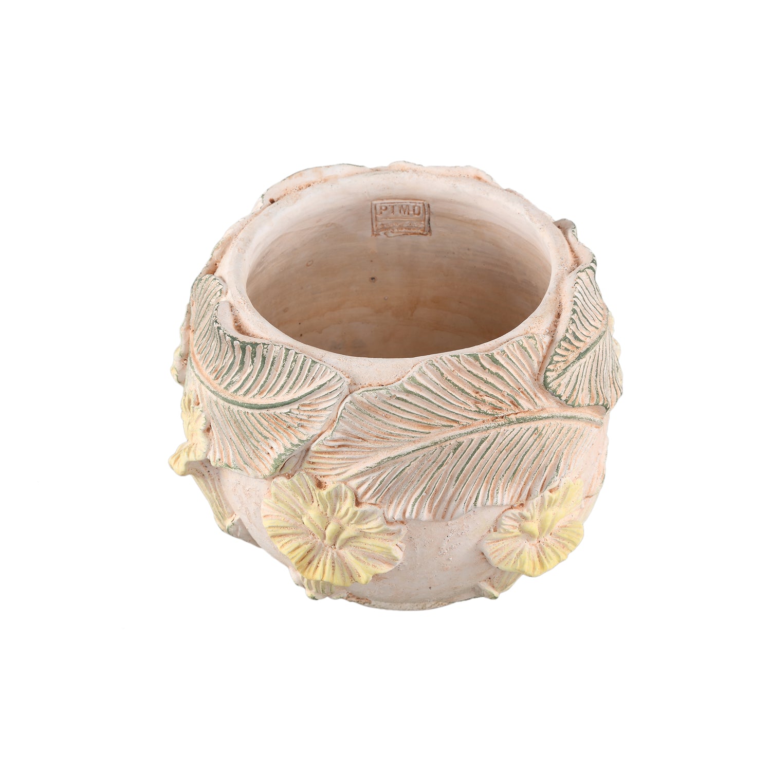 Blumentopf – Runde Form, Zement Material, Blumen Muster, Gelbe Oberfläche, L – Casy | PTMD