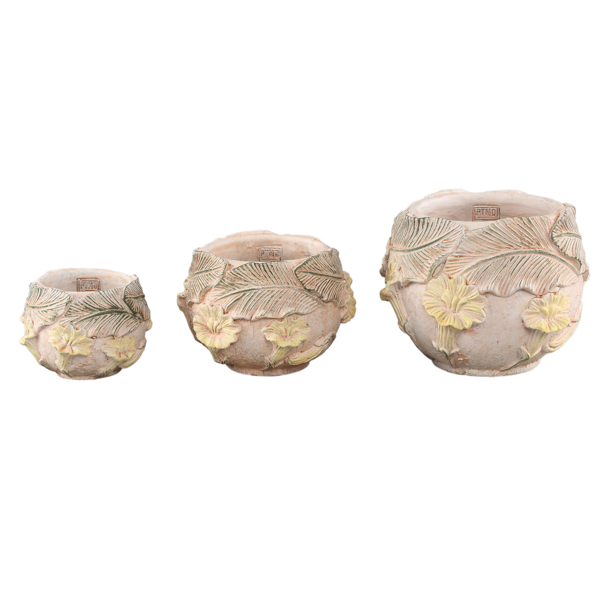 Blumentopf – Runde Form, Zement Material, Blumen Muster, Gelbe Oberfläche, L – Casy | PTMD