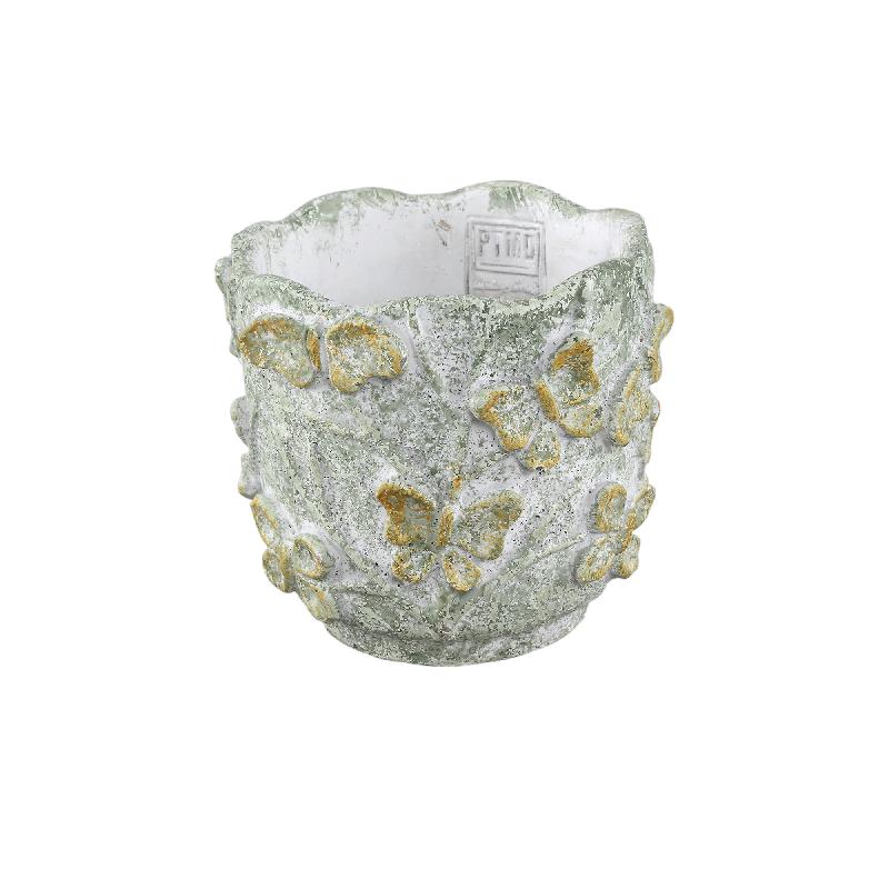 Blumentopf – Runde Form, Zement Material, Schmetterling Muster, Grüne Oberfläche, M – Sterlin | PTMD