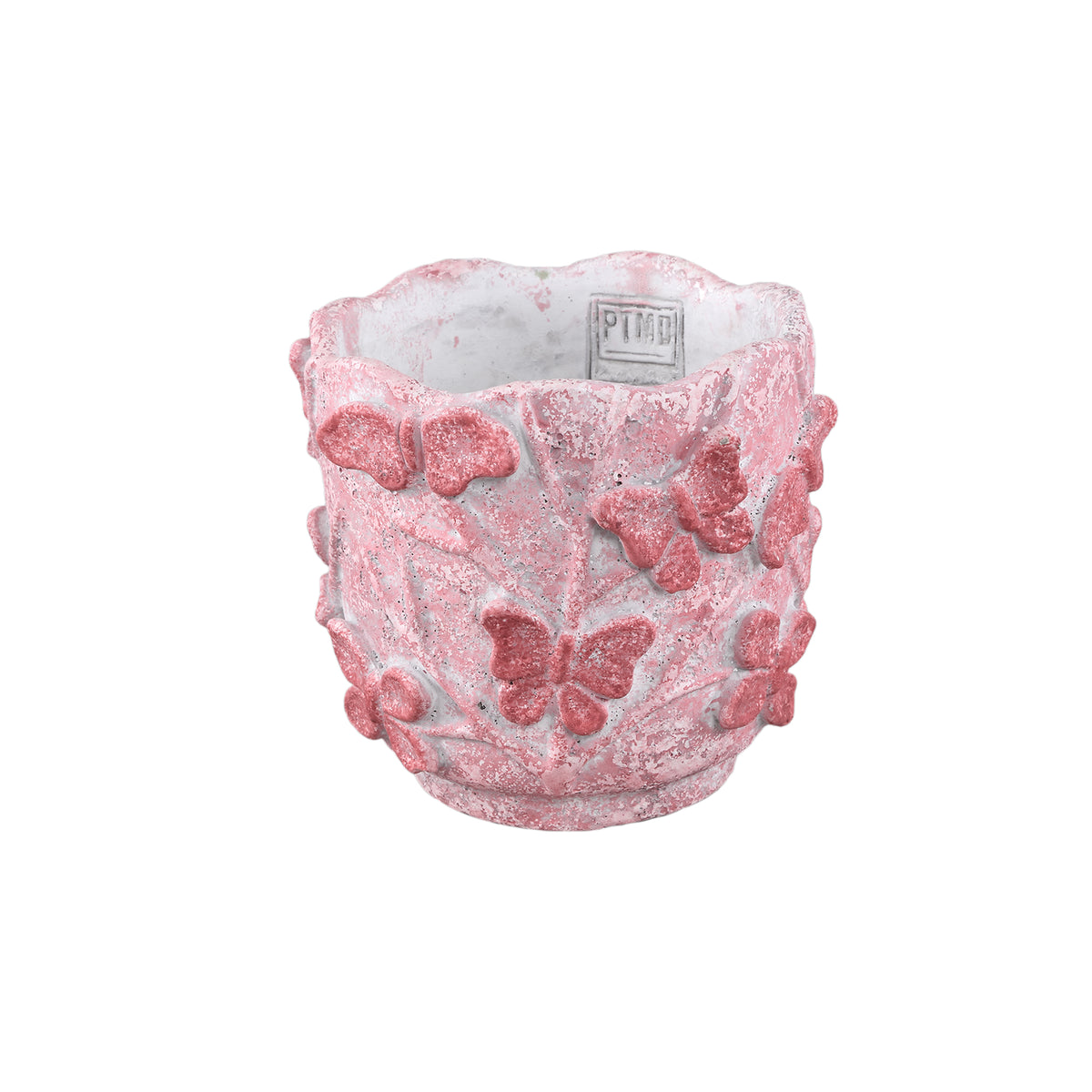Blumentopf – Runde Form, Zement Material, Schmetterling Muster, Rosa Oberfläche, M – Sterlin | PTMD