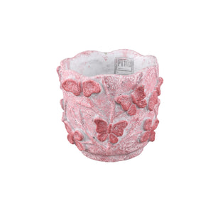 Blumentopf – Runde Form, Zement Material, Schmetterling Muster, Rosa Oberfläche, M – Sterlin | PTMD
