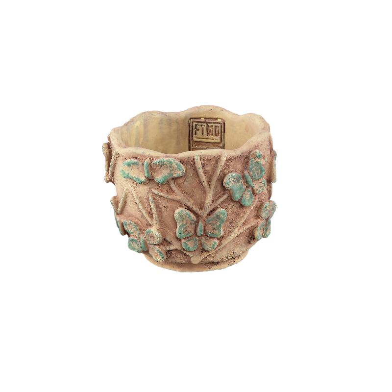 Blumentopf – Runde Form, Zement Material, Schmetterling Muster, Gelbe Oberfläche, S – Sterlin | PTMD