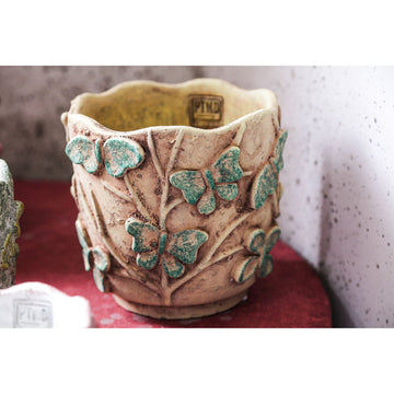 Blumentopf – Runde Form, Zement Material, Schmetterling Muster, Gelbe Oberfläche, S – Sterlin | PTMD