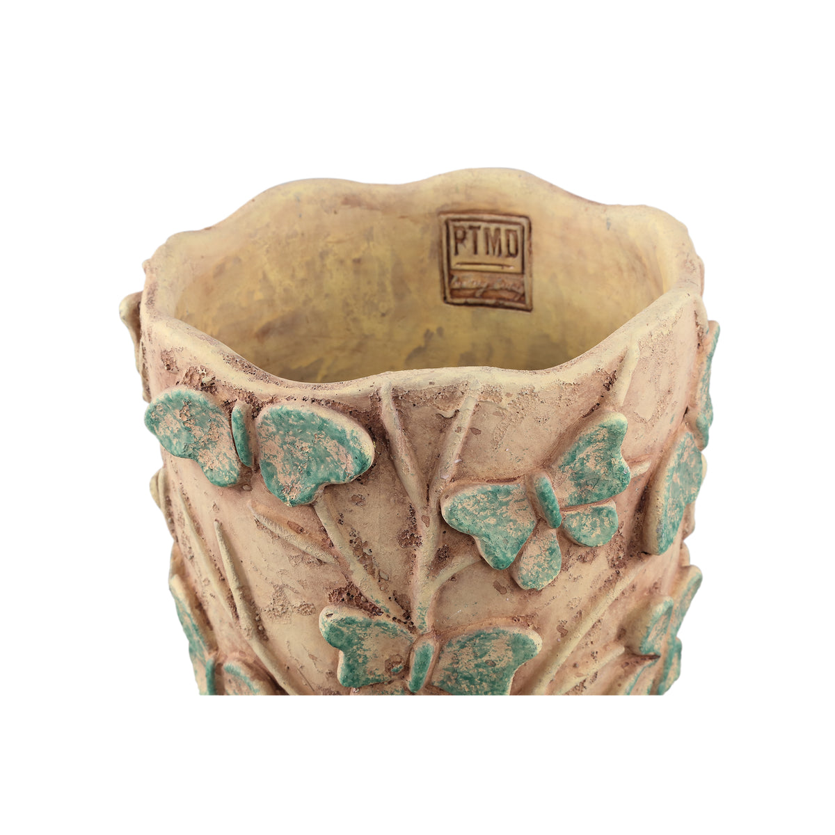 Blumentopf – Runde Form, Zement Material, Schmetterling Muster, Gelbe Oberfläche, L – Sterlin | PTMD